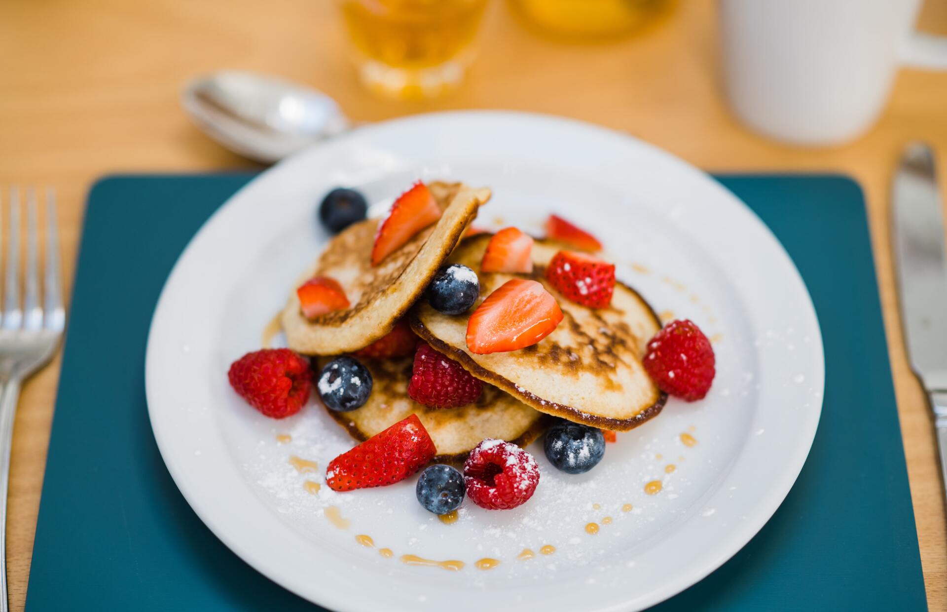 American Style Pancakes with Fresh Berries and Maple Syrup