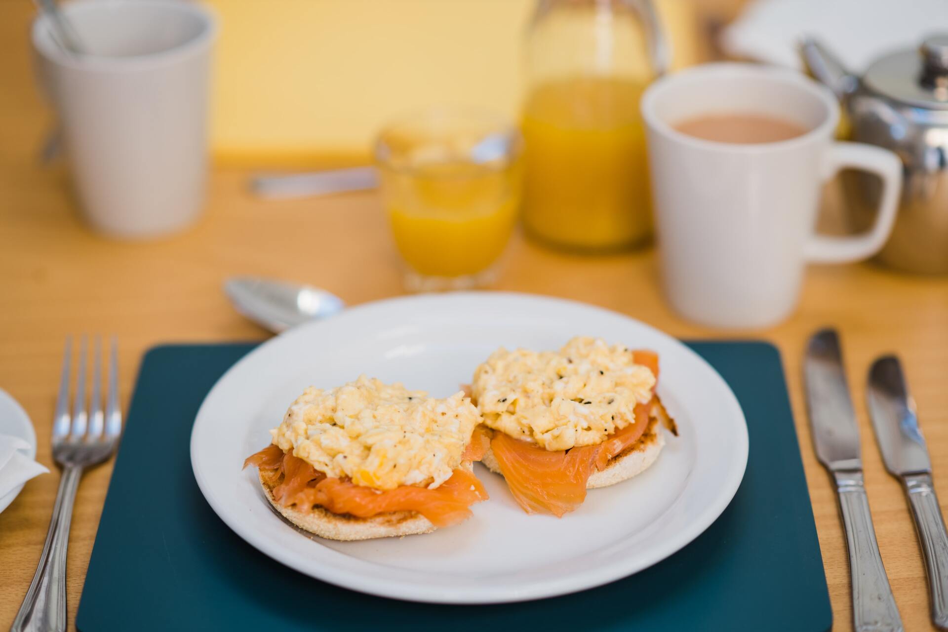 Smoked Salmon and Scrambled Eggs on English Muffin