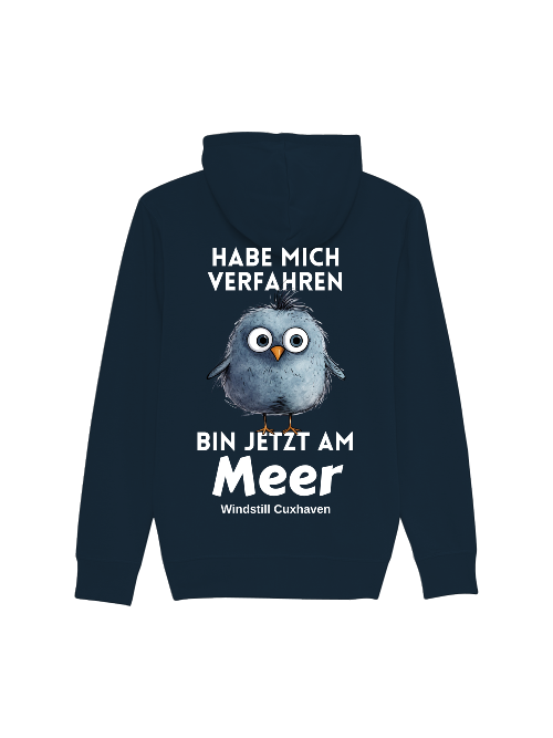 Hoodiejacke mit Text: Habe mich verfahren. Bin jetzt am Meer. Zeichnung Vogel in der Mitte