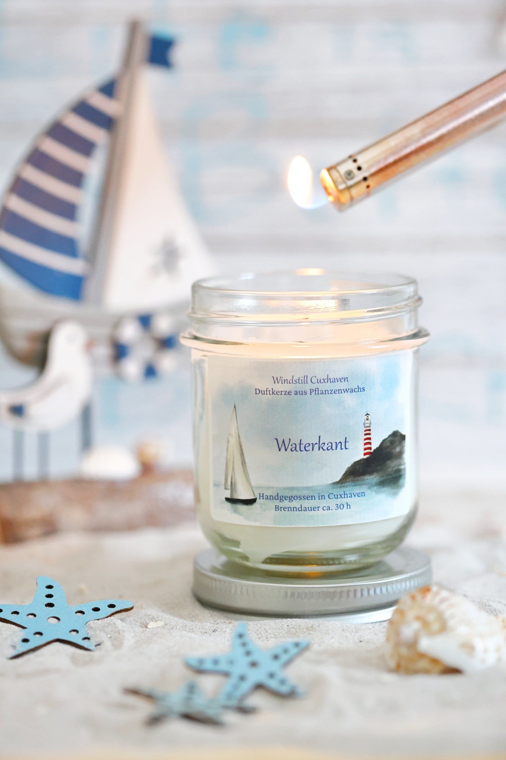 Produktfoto Duftkerze Waterkant im farblosen Glas mit Aluminiumdeckel