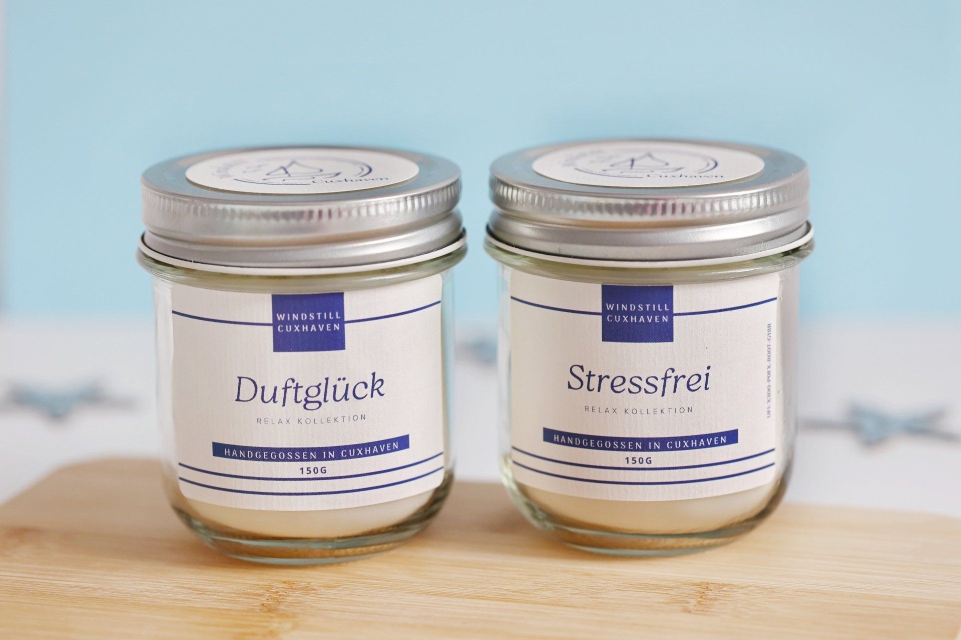 Produktfoto Duftkerzen Duftglück und Stressfrei im farblosen Glas mit Aluminiumdeckel