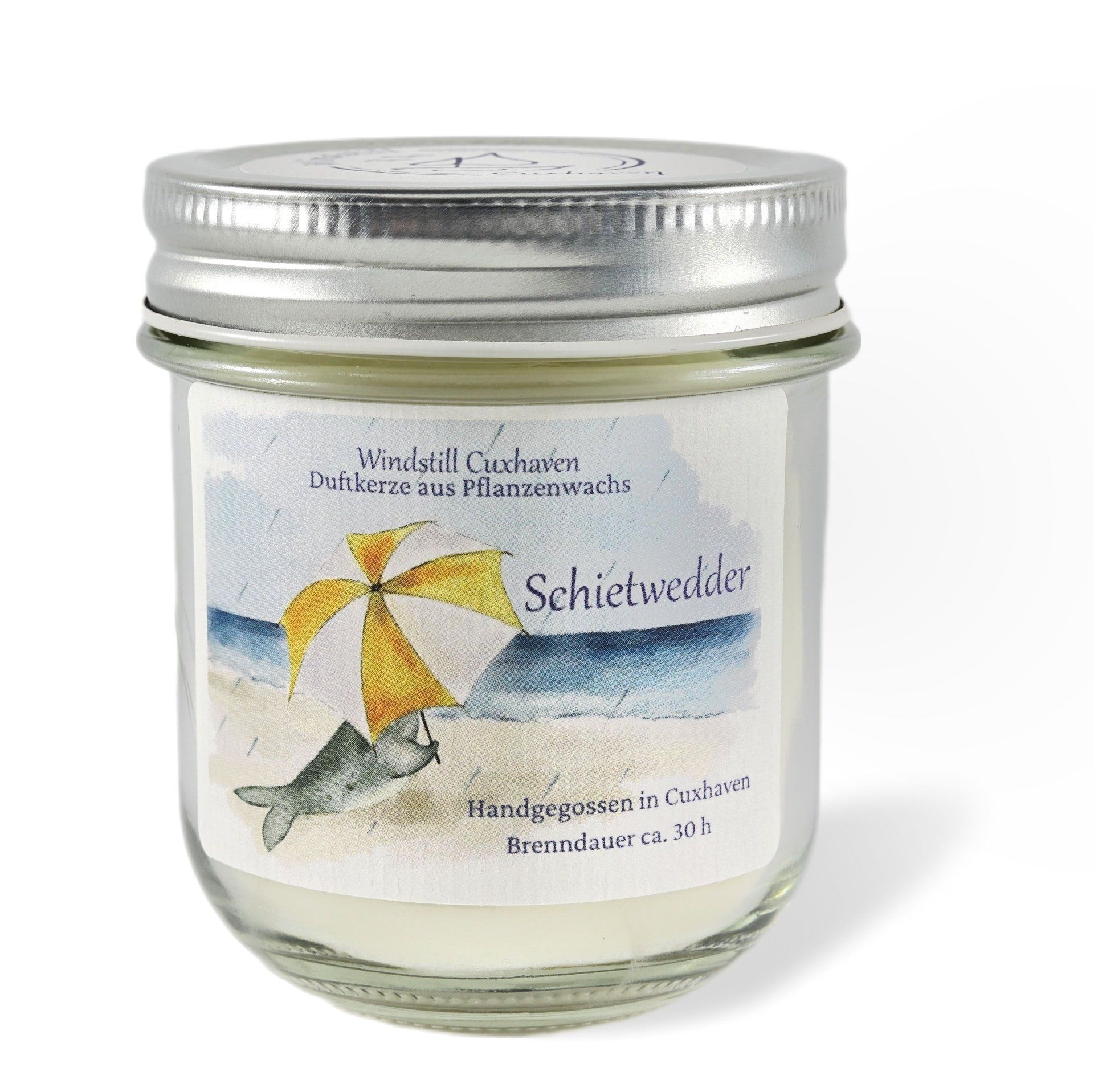 Produktfoto handgemachte Duftkerze Schietwedder im farblosen Glas mit Aluminiumdeckel