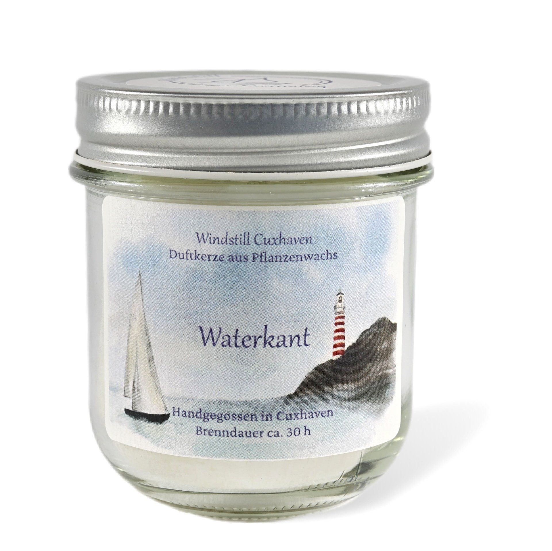 Produktfoto handgemachte Duftkerze Waterkant im farblosen Glas mit Aluminiumdeckel
