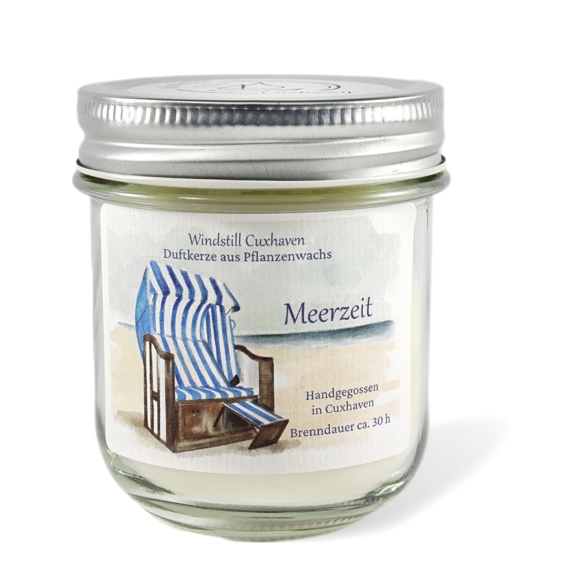 Produktfoto handgemachte Duftkerze Meerzeit im farblosen Glas mit Aluminiumdeckel