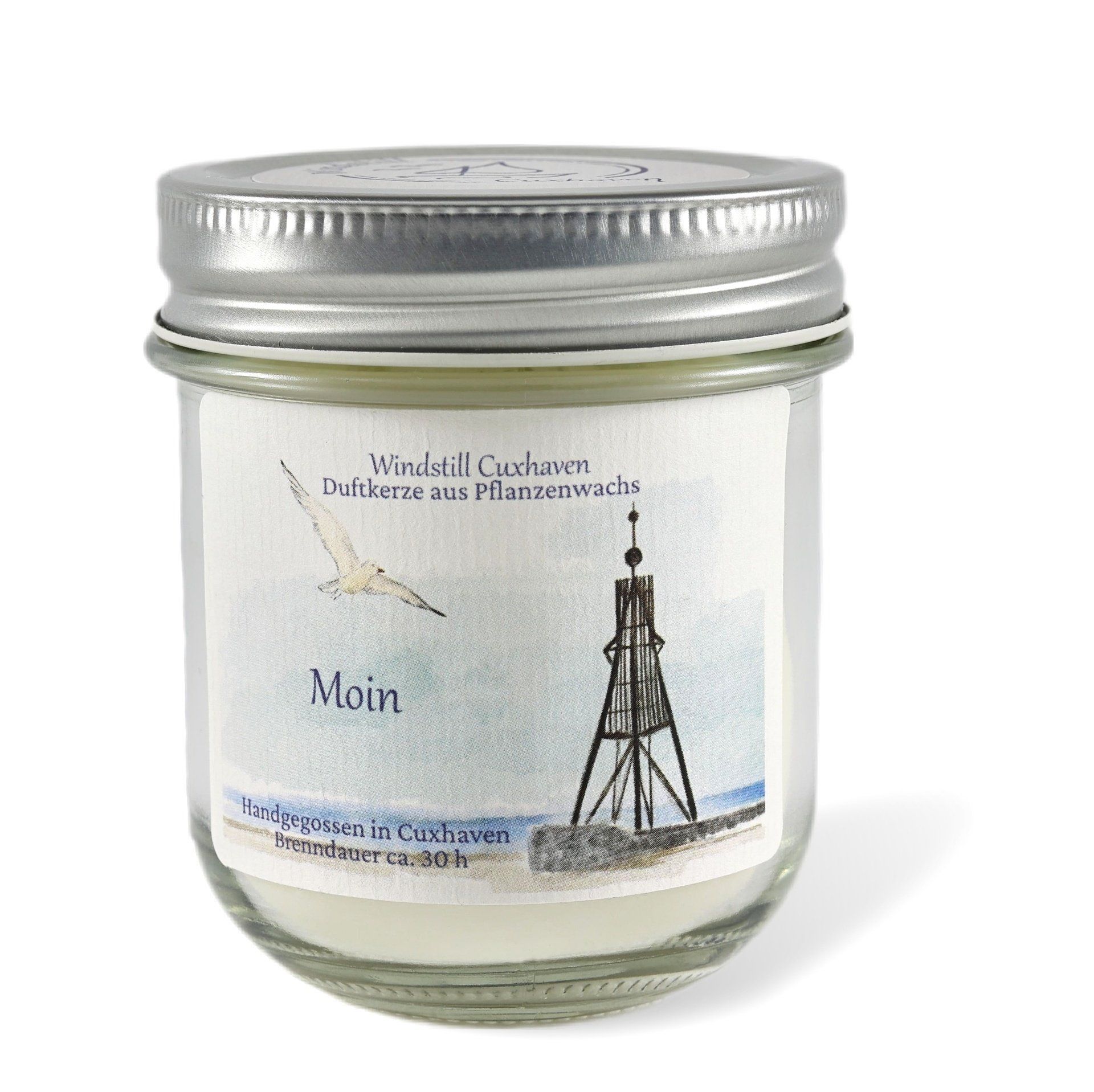 Produktfoto handgemachte Duftkerze Moin im farblosen Glas mit Aluminiumdeckel