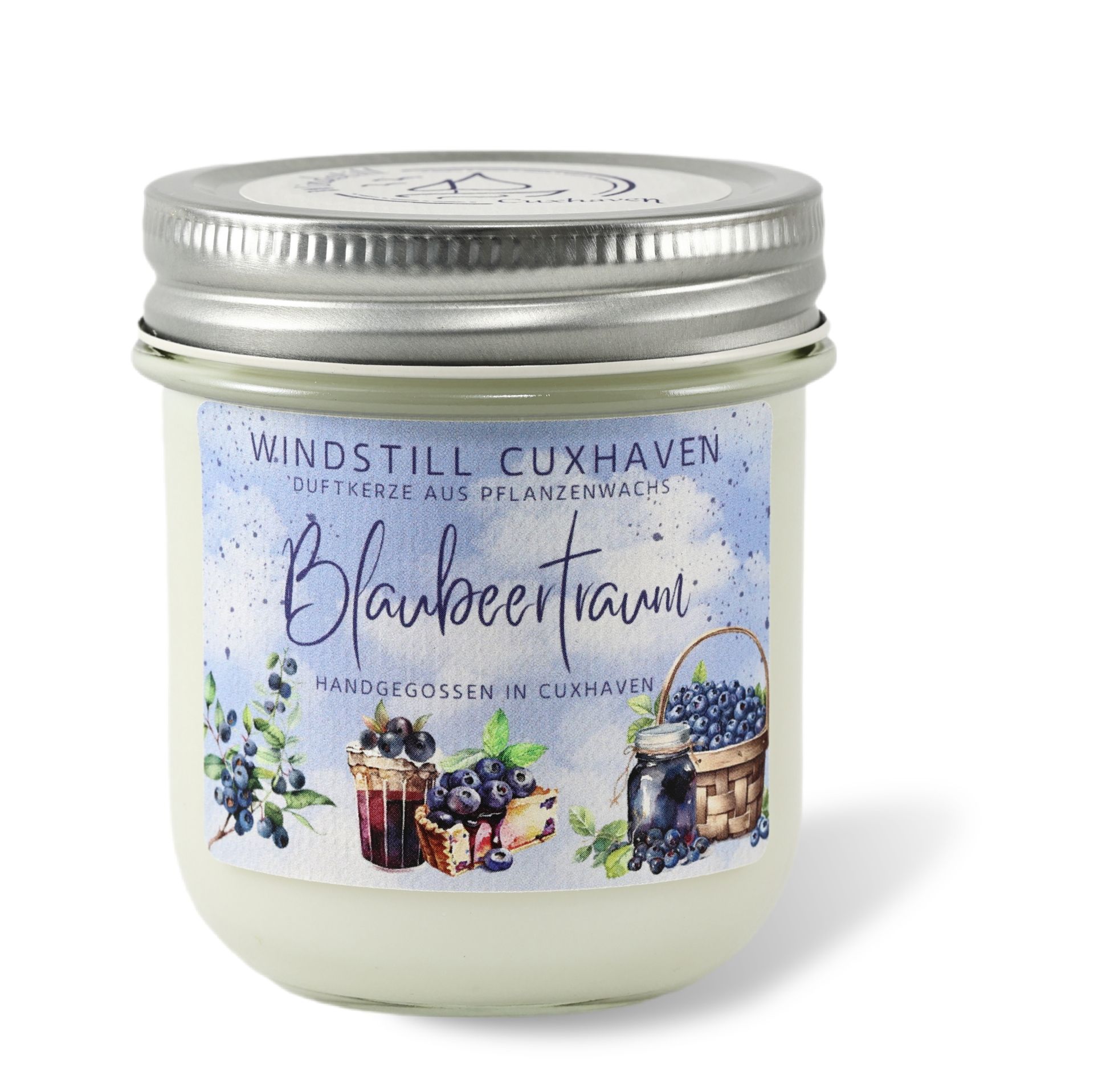 Produktfoto handgemachte Duftkerze Blaubeertraum im farblosen Glas mit Aluminiumdeckel