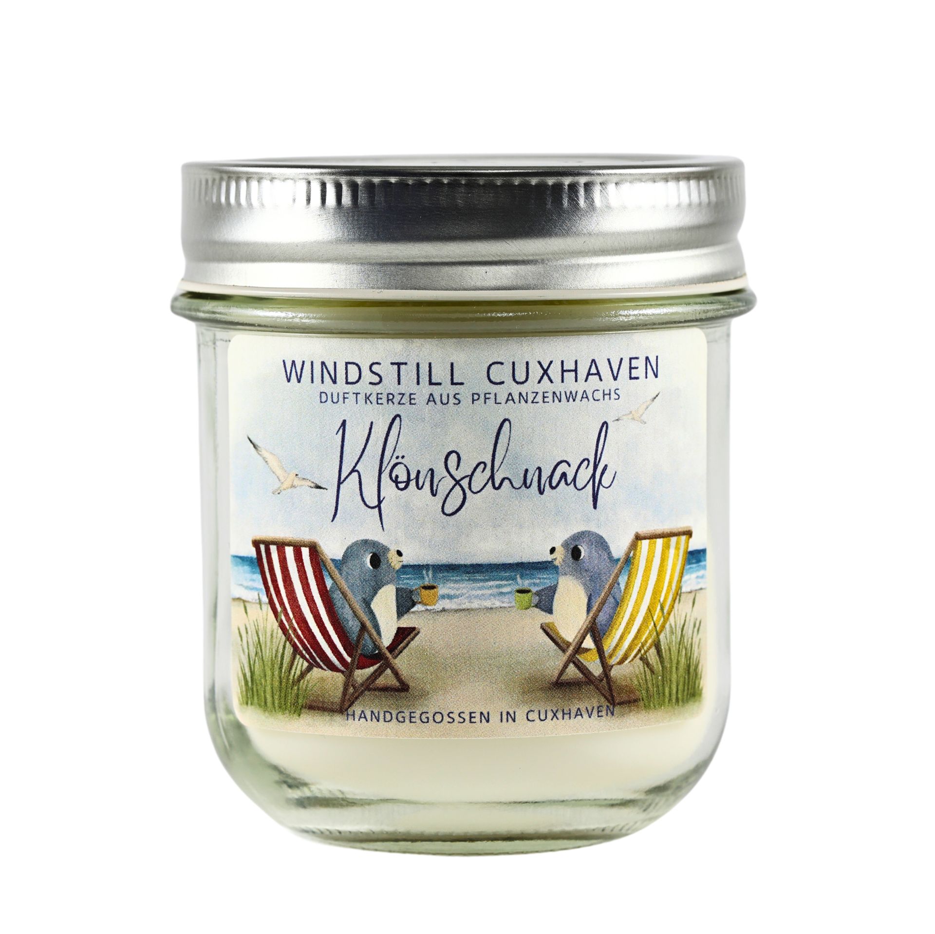Produktfoto handgemachte Duftkerze Klönschnack im farblosen Glas mit Aluminiumdeckel