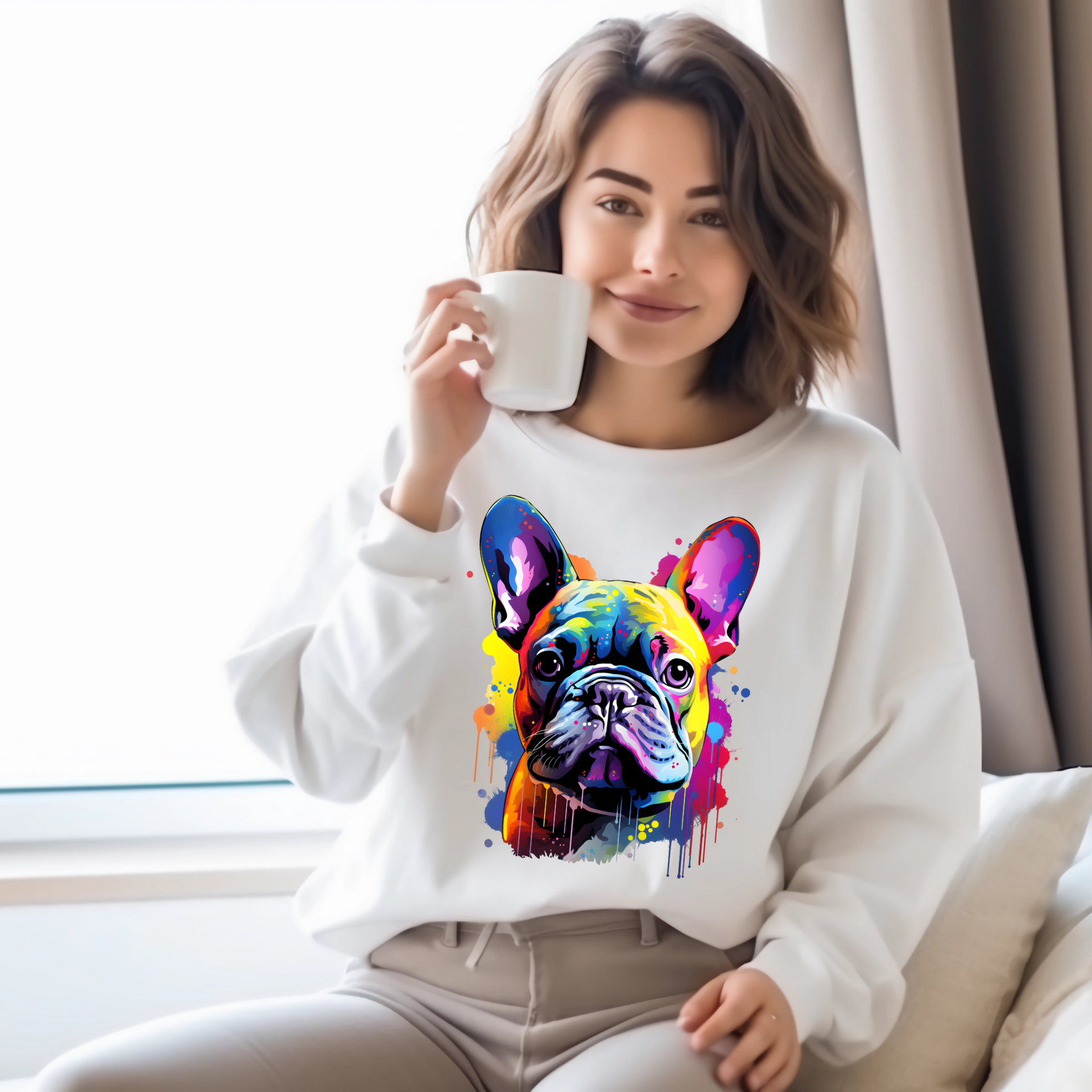 Sweatshirt mit dem Bild einer französischen Bulldogge als bunter Farbkleks