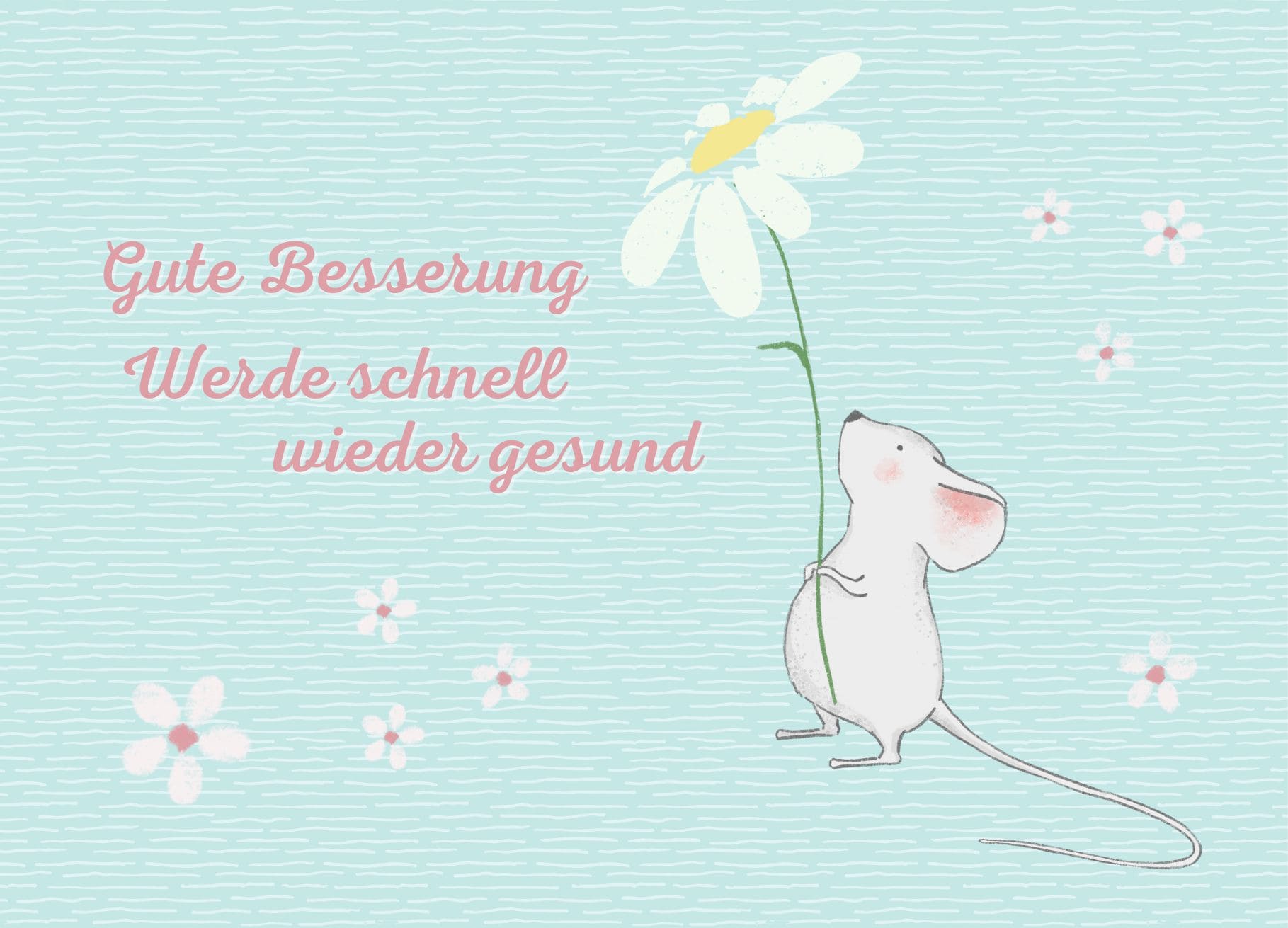Produktfoto Postkarte Gute Besserung, werde schnell wieder gesund. Bild von einer weissen Maus mit einer Blume