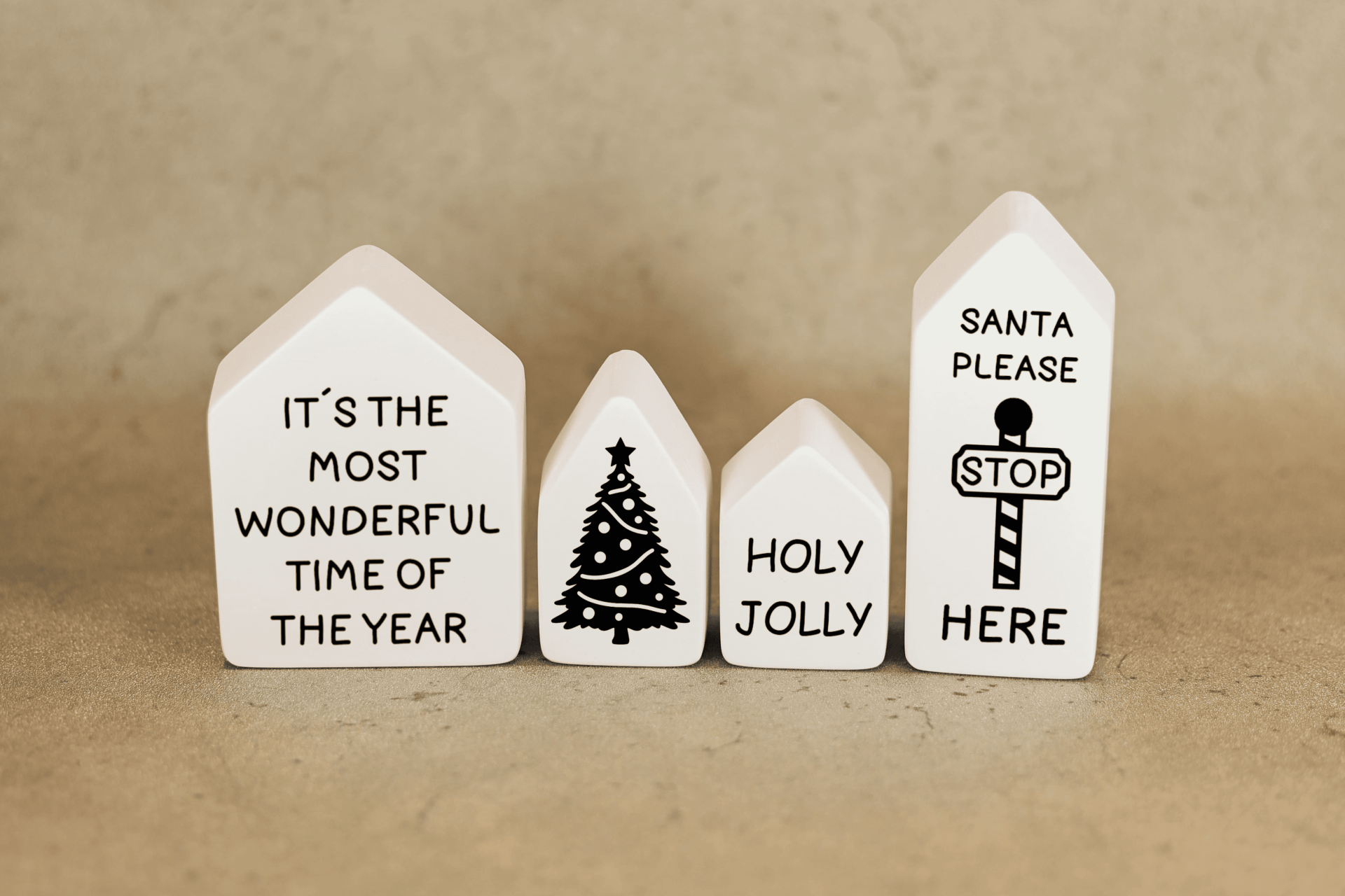 Dekohäuser 4er Set weiß mit Beschriftung englisch Christmas