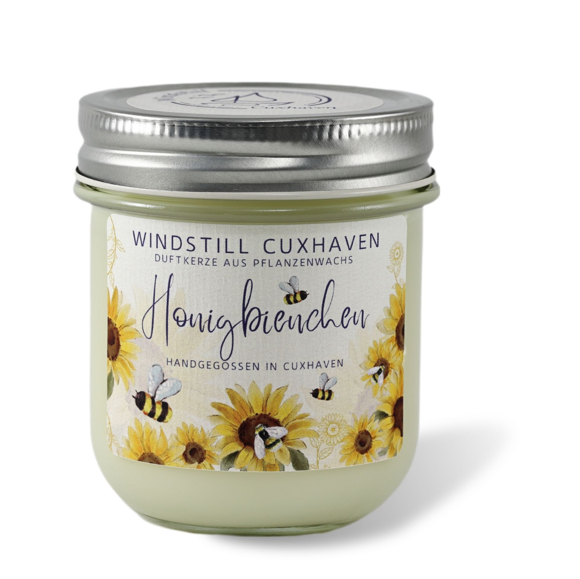 Produktfoto Duftkerze Honigbienchen in einem farblosen Glas mit Aluminiumdeckel