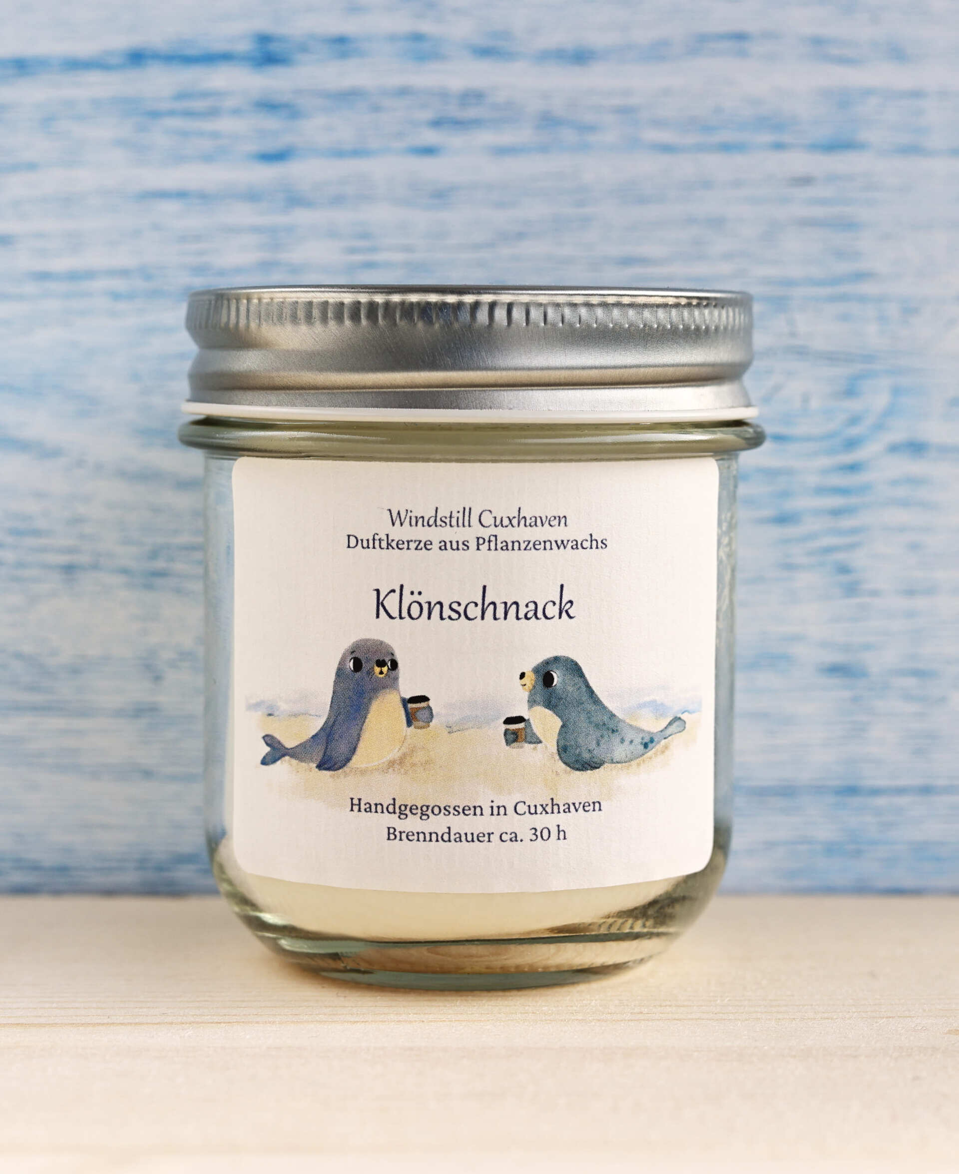 Produktfoto Duftkerze Klönschnack alt im farblosen Glas mit Aluminiumdeckel