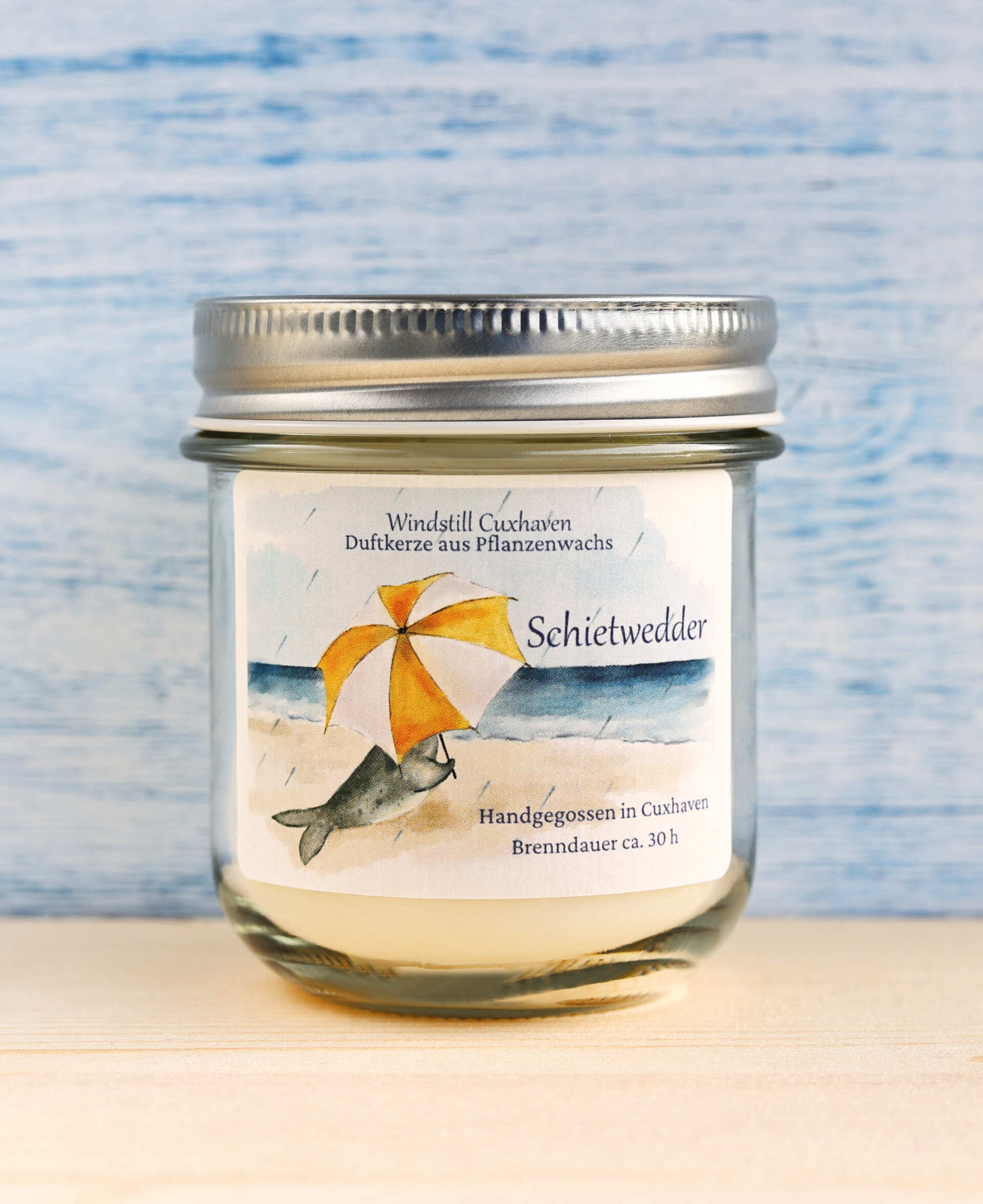 Produktfoto Duftkerze Schietwedder im farblosen Glas mit Aluminiumdeckel