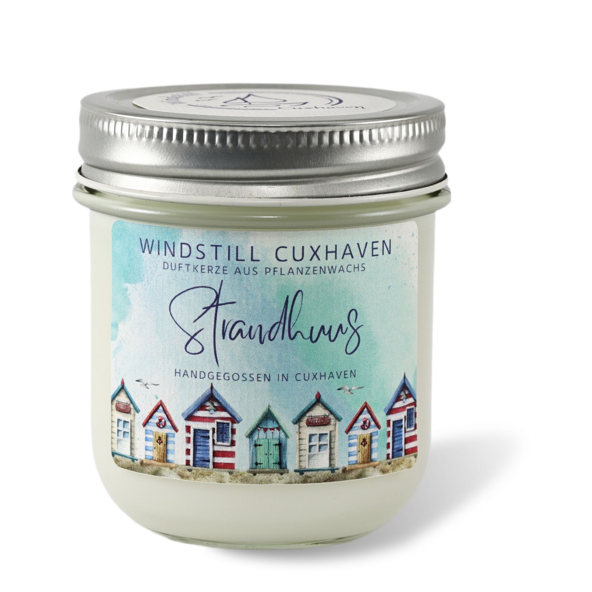 Produktfoto Duftkerze Strandhuus im farblosen Glas mit Aluminiumdeckel