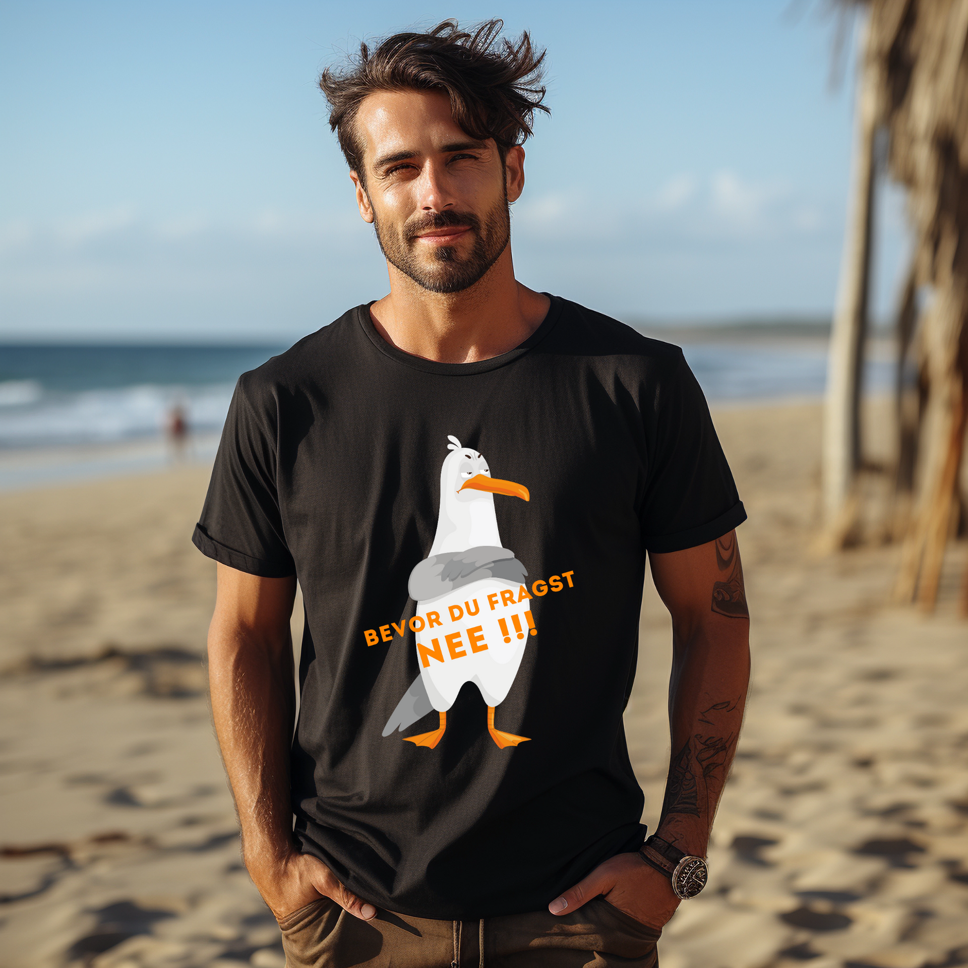 T-Shirt mit Text: Bevor du fragst NEIN!!! im Hintergund eine Comic Möwe