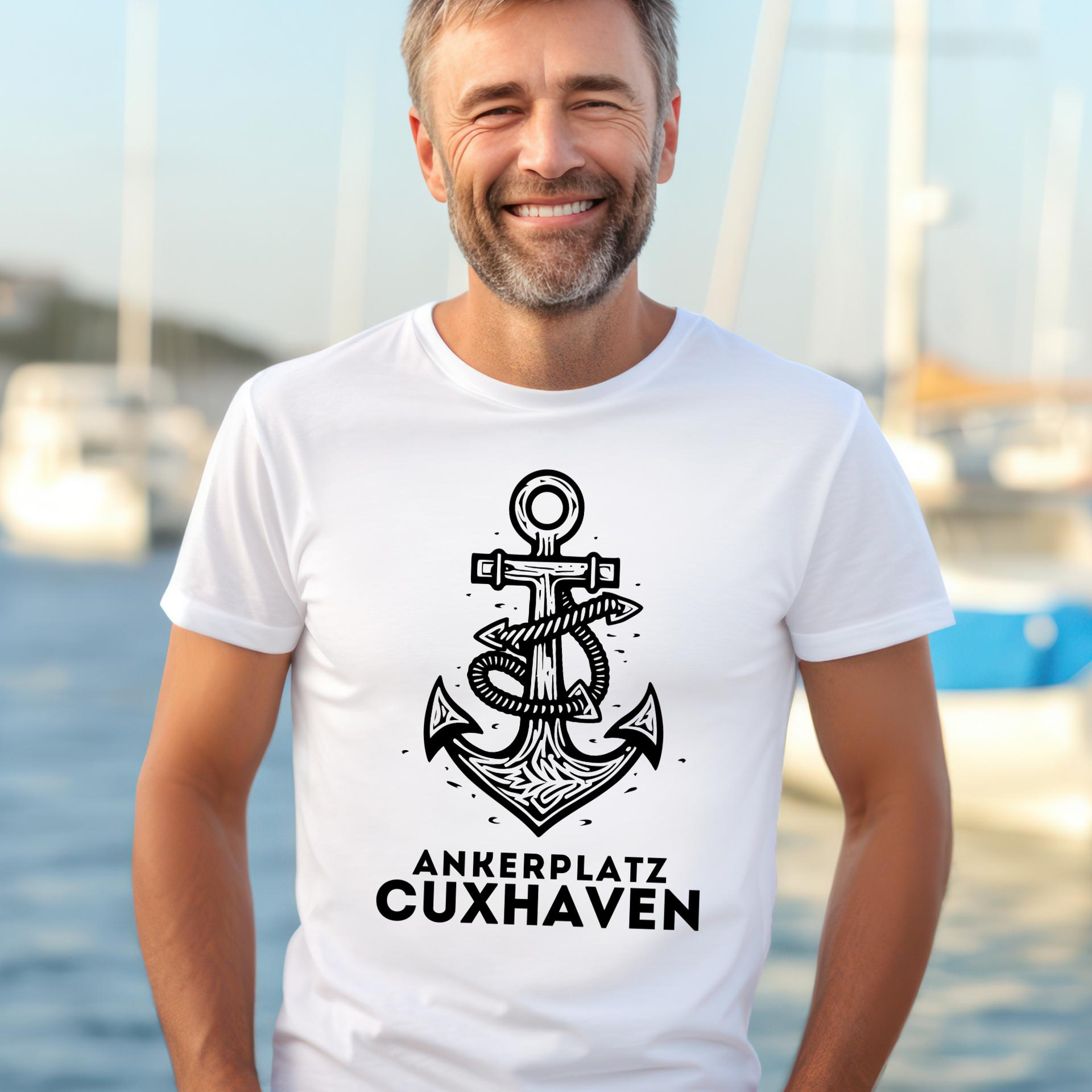 T-Shirt mit Text Ankerplatz Cuxhaven und einem schwarzen gezeichneten großen Anker darüber