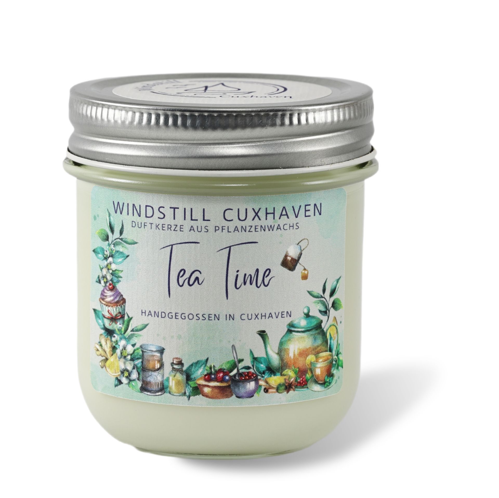 Produktfoto handgemachte Duftkerze Tea Time im farblosen Glas mit Aluminiumdeckel
