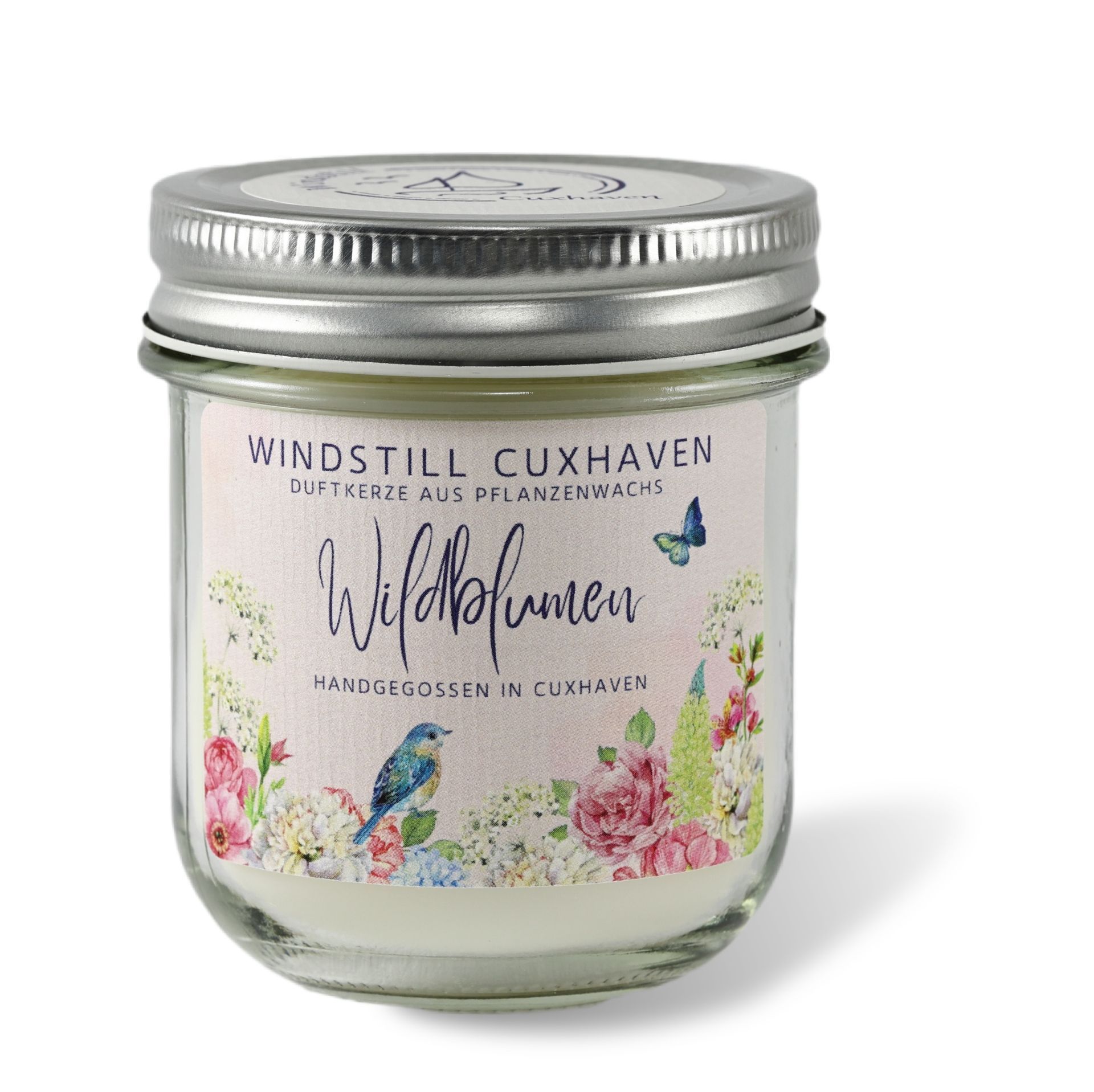 Produktfoto handgemachte Duftkerze Wildblumen im farblosen Glas mit Aluminiumdeckel