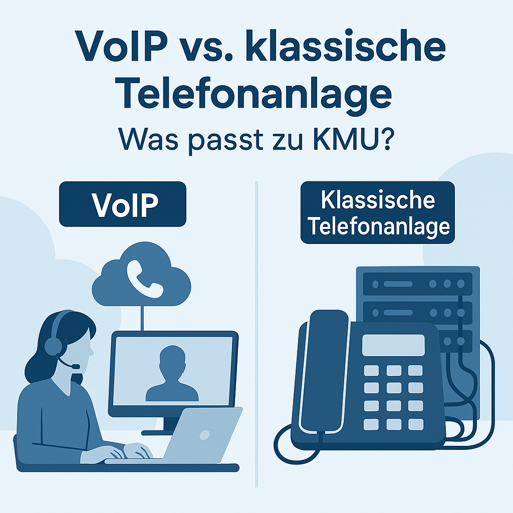 Alt-Text: „Gegenüberstellung VoIP- und Festnetz-Telefonanlage für KMU“