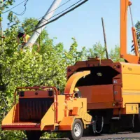 Forestry bucket truck with chipper working on tree trimming
