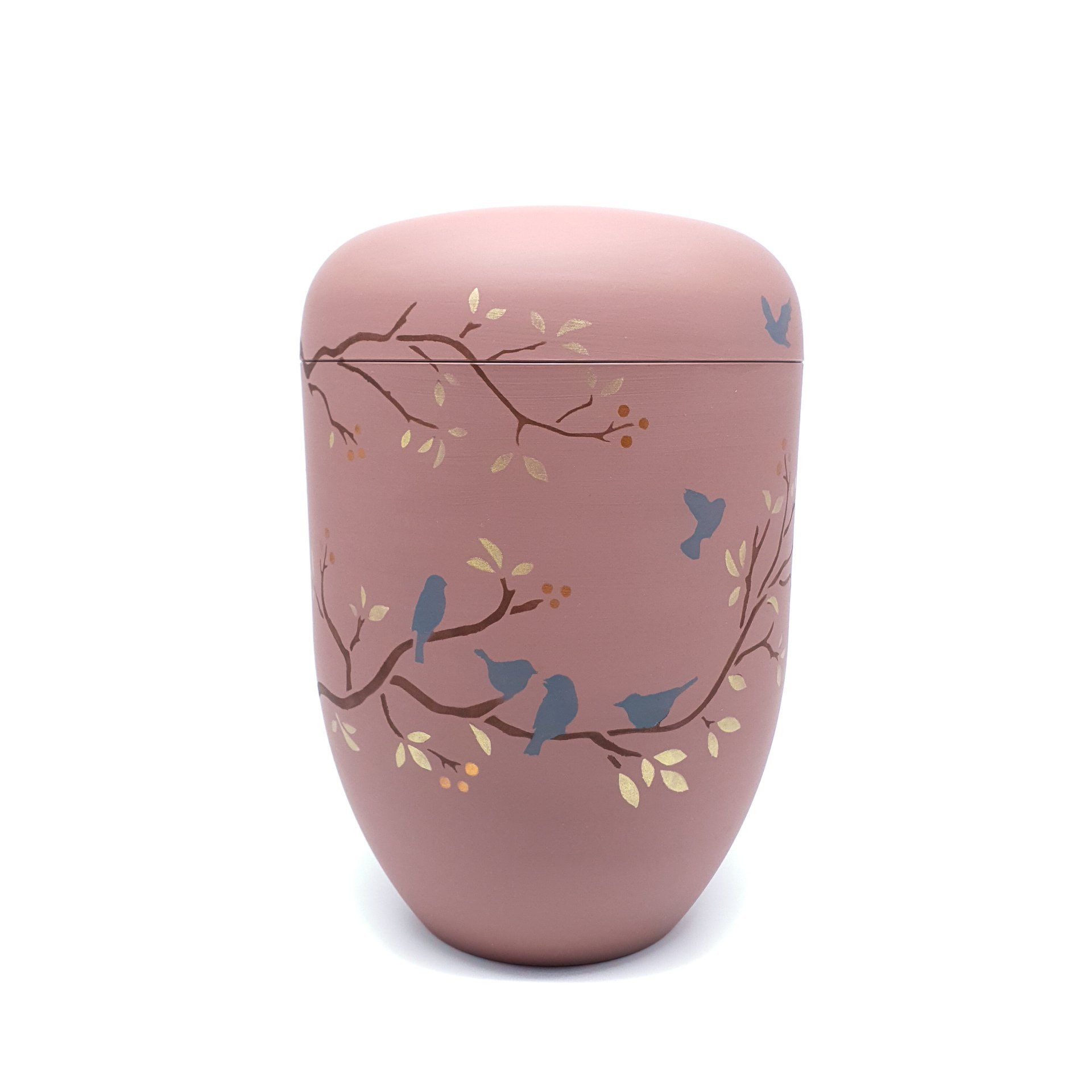 Urne bunt Vögel Biourne Urne in rot mit Vögel und Ästen Friedwaldurne