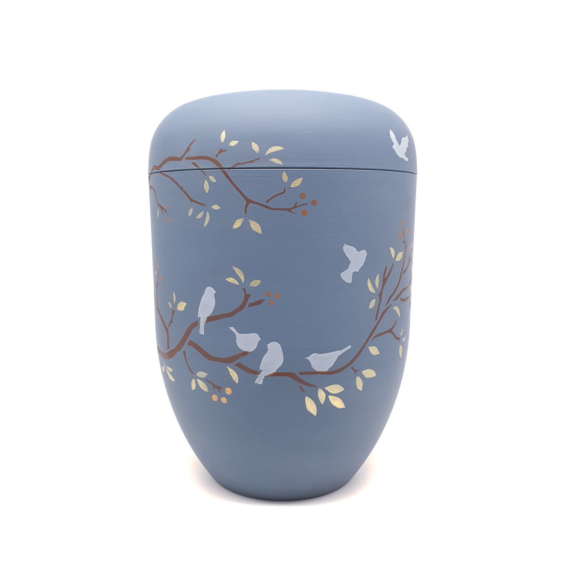 Urne bunt Vögel Biourne Urne Blau Denim mit Vögeln und Ästen Friedwaldurne