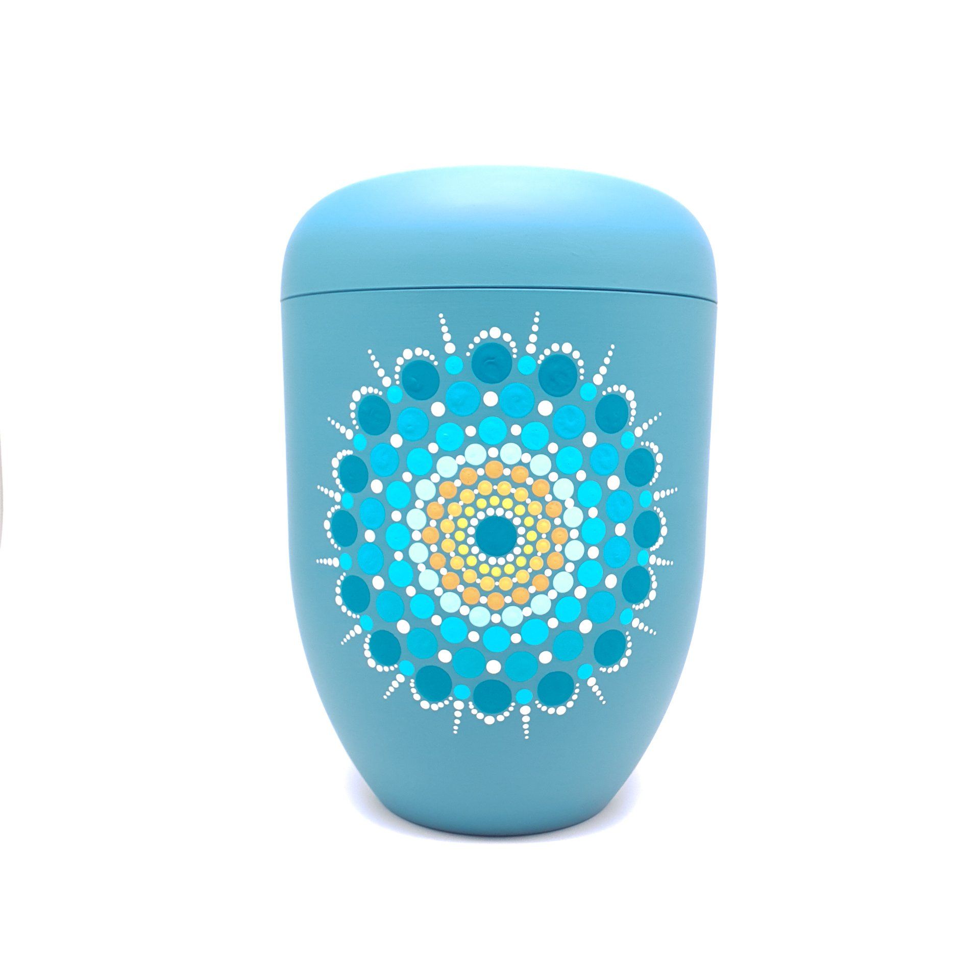Urne bunt Mandala Biourne Urne in Blau mit einem Mandala in Gelb und Türkis Friedwaldurne
