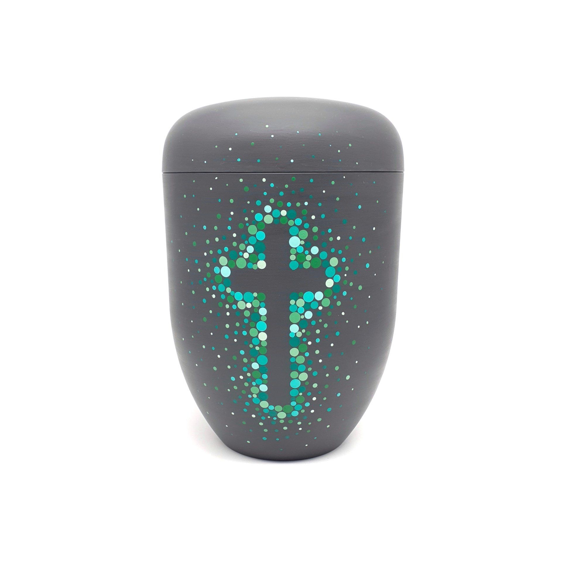 Urne bunt Biourne Urne in Grau mit Kreuz in Grün Friedwaldurne