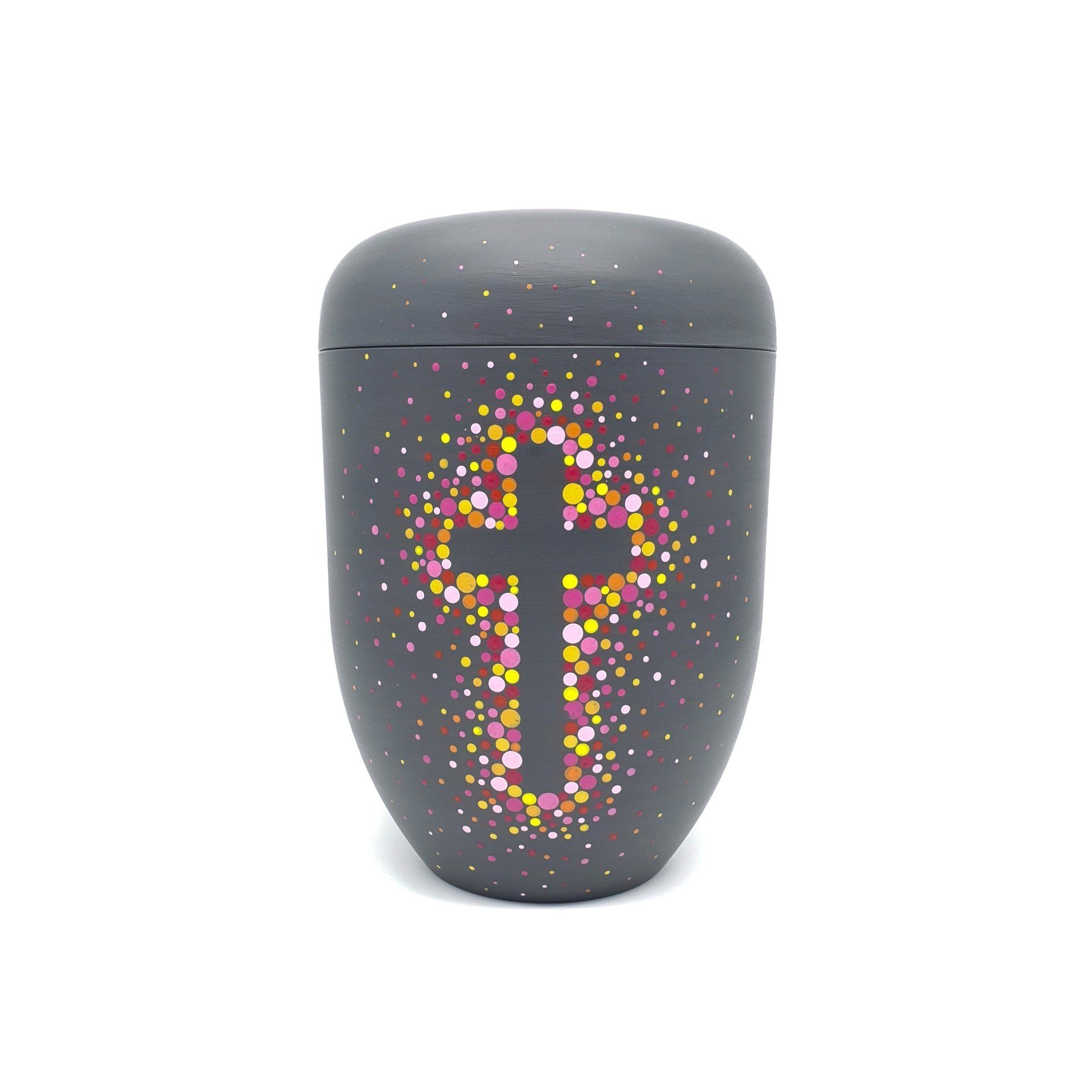 Urne bunt Kreuz Biourne Urne in Grau mit einem Kreuz in Pink und Orange Friedwaldurne