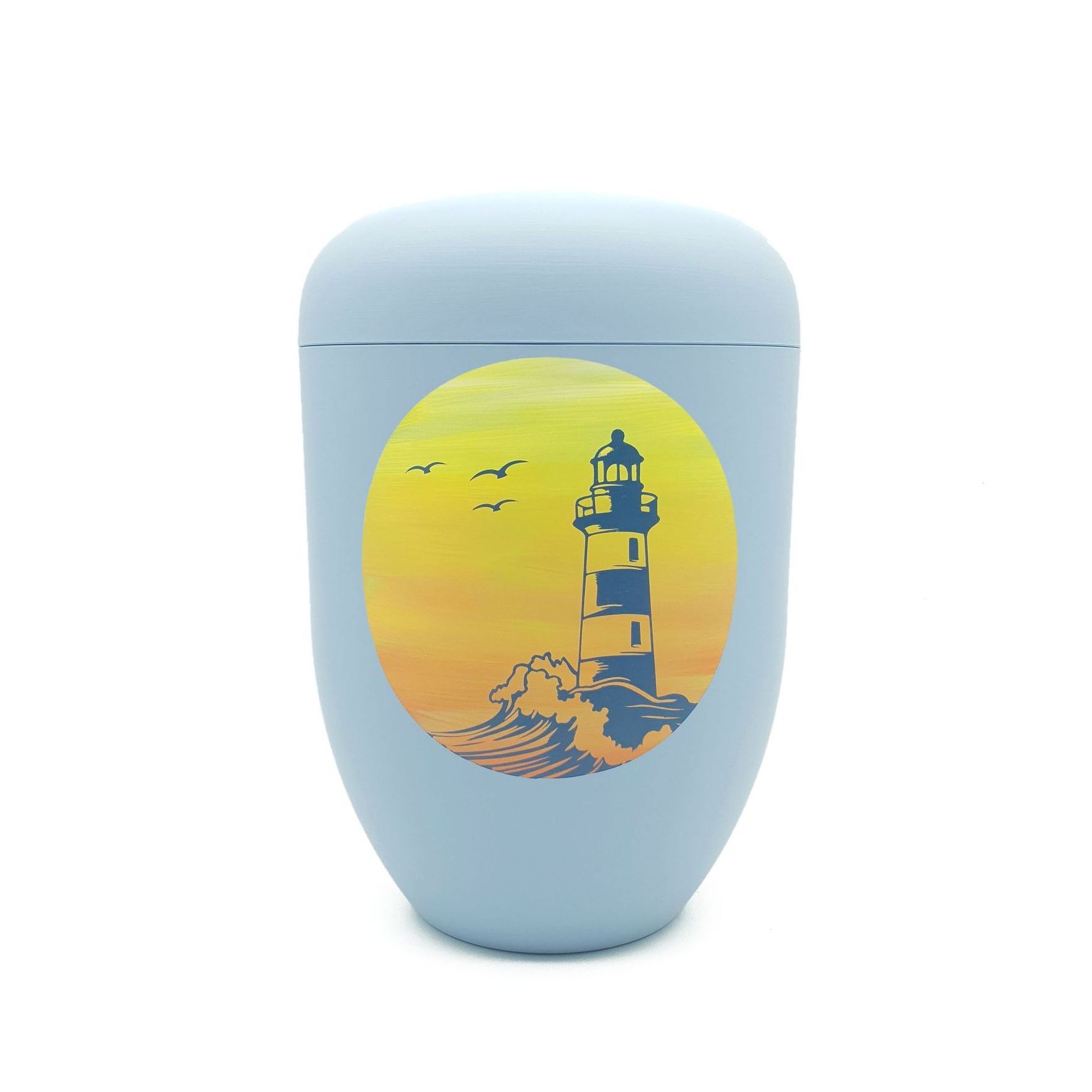 handbemalte Urne in hellblau mit Leuchtturm Das Urnenatelier