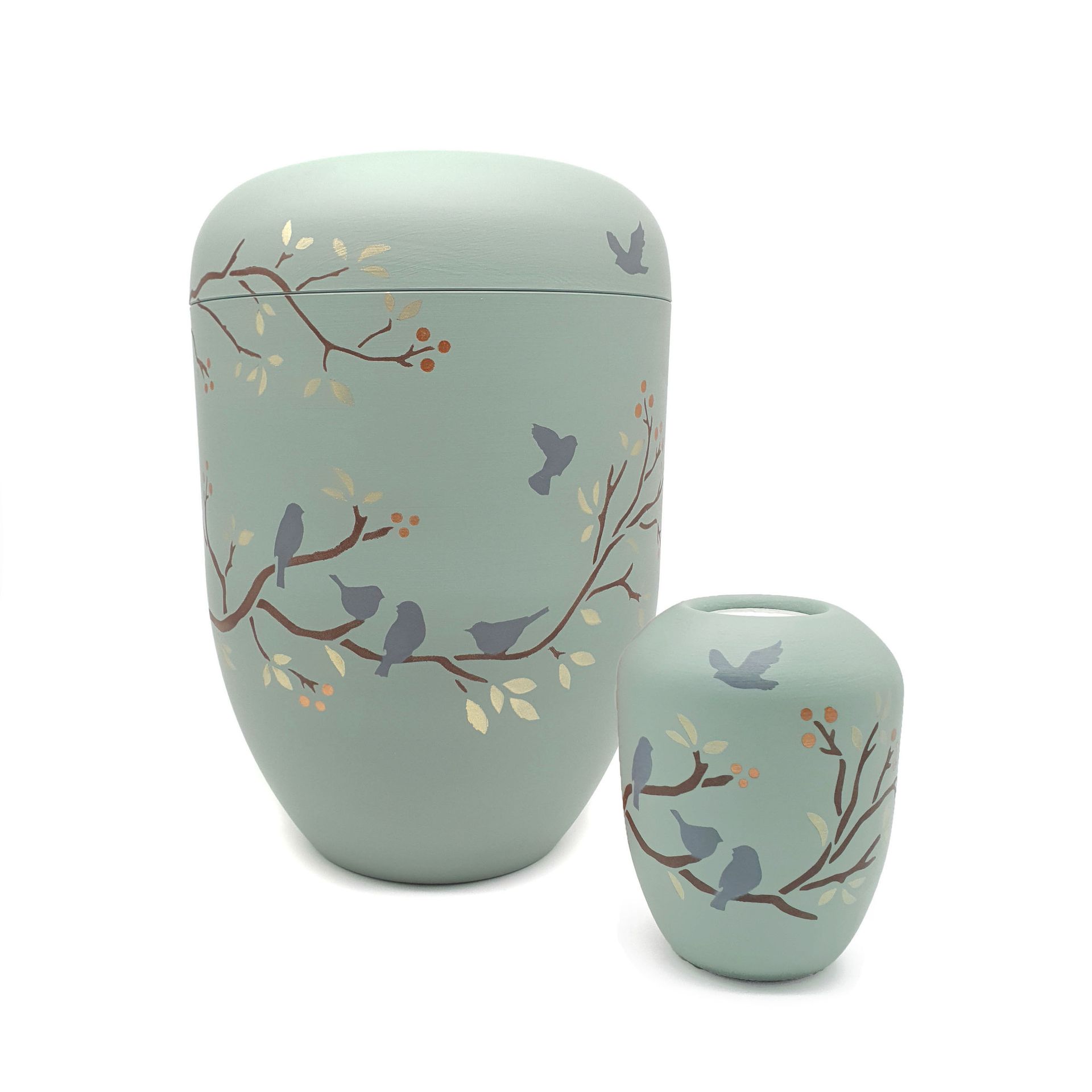 aloe vera farbene handbemalte Urne Ästen und Vögeln vom Urnenatelier