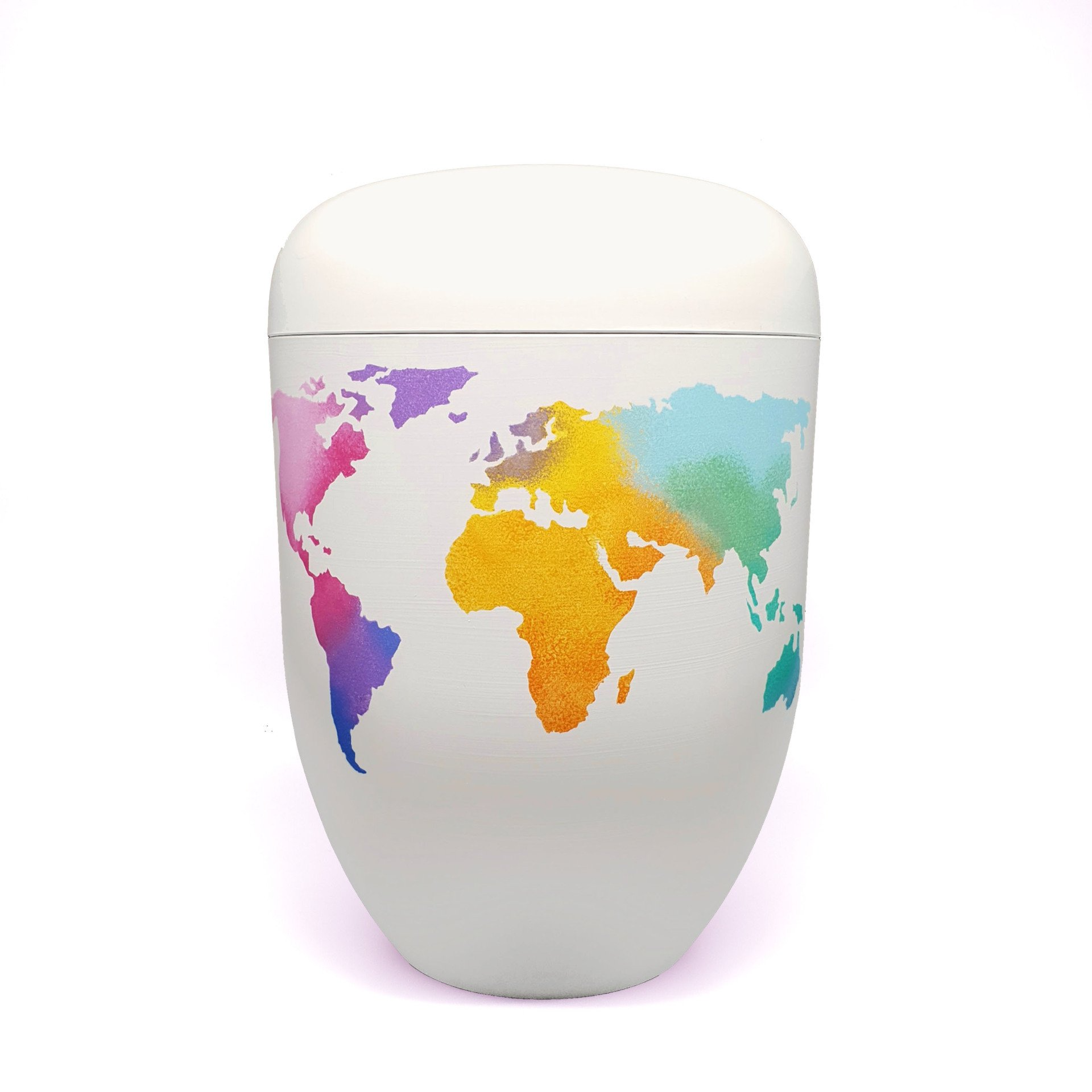 Urne bunt Biourne Weltkarte Urne weiß mit bunter Weltkarte Friedwaldurne