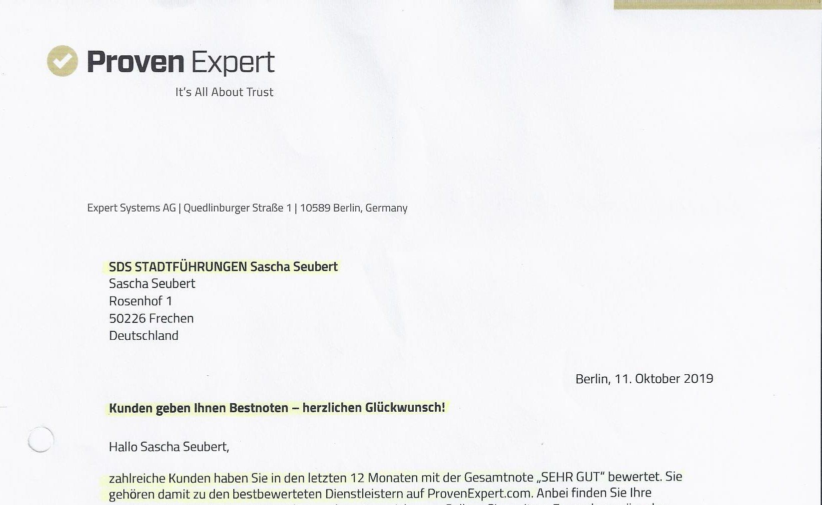 Herzlichen Dank an alle Kunden! SDS Stadtführungen stadtführung köln cologne city tour colonia aachen bonn würzburg reviews proven expert Kundenbewertungen TOP-Dienstleister von Kunden empfohlen TOP-Dienstleister 2019: SDS STADTFÜHRUNGEN Sascha Seubert - Unsere Kunden geben uns Bestnoten, daher sind wir einer der bestbewerteten Dienstleister bei Proven Expert