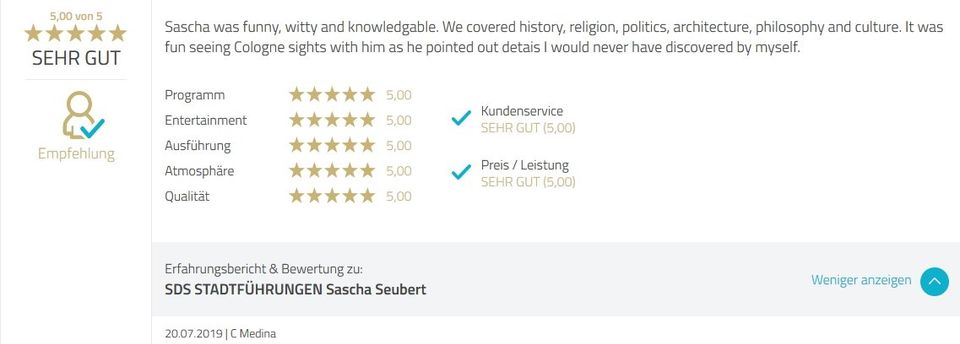 Review SDS STADTFÜHRUNGEN Sascha Seubert City tours Cologne Bonn Aachen Würzburg - funny witty and knowledgable