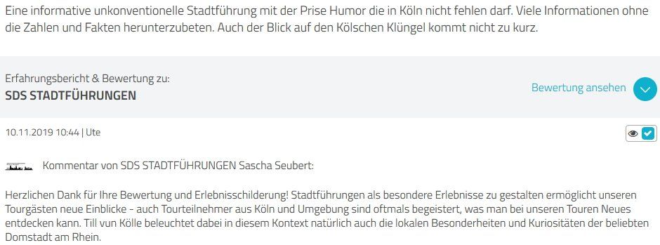 Referenz SDS Stadtführungen Sascha Seubert review Bewertung Köln