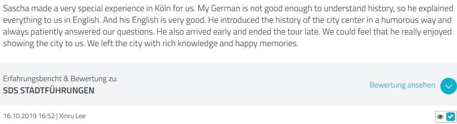 Review SDS STADTFÜHRUNGEN Sascha Seubert City tours Cologne Bonn Aachen Würzburg - very special experience