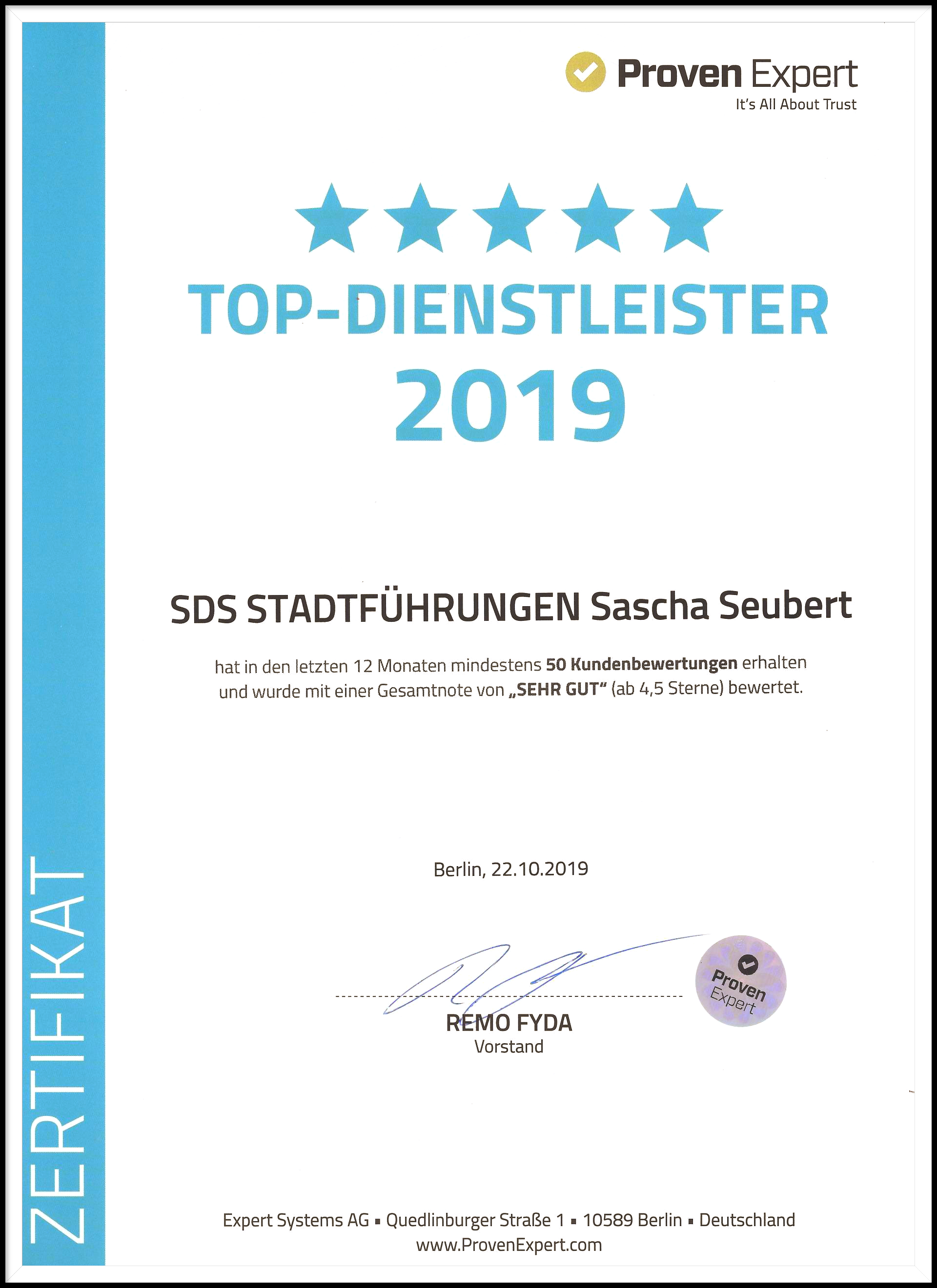 Kundenbewertungen: Besondere Auszeichnung für SDS STADTFÜHRUNGEN als TOP-DIENSTLEISTER 2019 nach unabhängig überprüften Qualitätskriterien und Standards Zertifikat Auszeichnung für SDS Stadtführungen stadtführung köln cologne city tour colonia aachen bonn würzburg reviews proven expert Kundenbewertungen TOP-Dienstleister von Kunden empfohlen