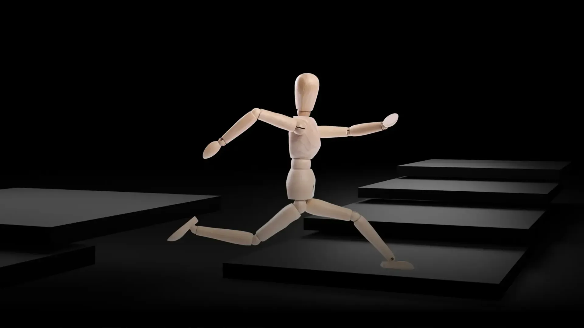 Zeichenpuppe aus Holz springt über Stufen.