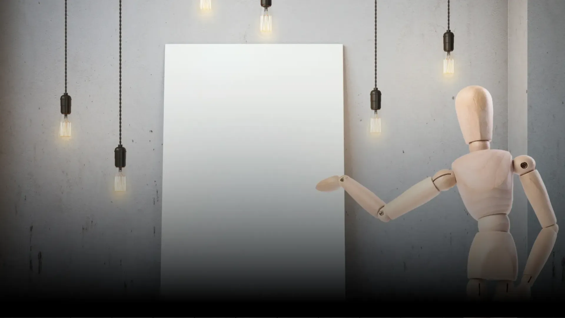 Zeichenpuppe aus Holz zeigt auf leere Leinwand, die von GlĂŒhbirnen beleuchtet wird