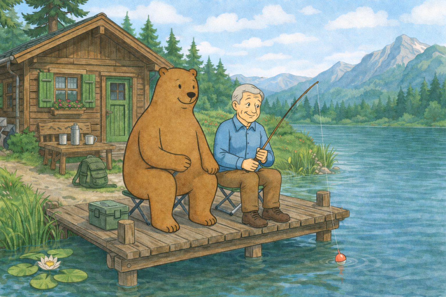 Bär und Mann beim Angeln