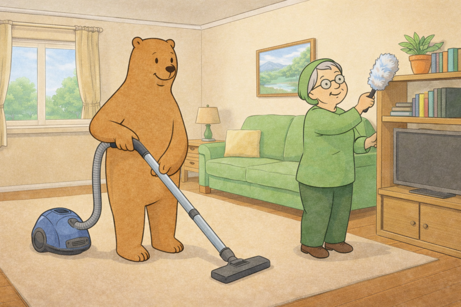 Bär saugt die Wohnung der Seniorin. Seniorin ist am Staubwischen