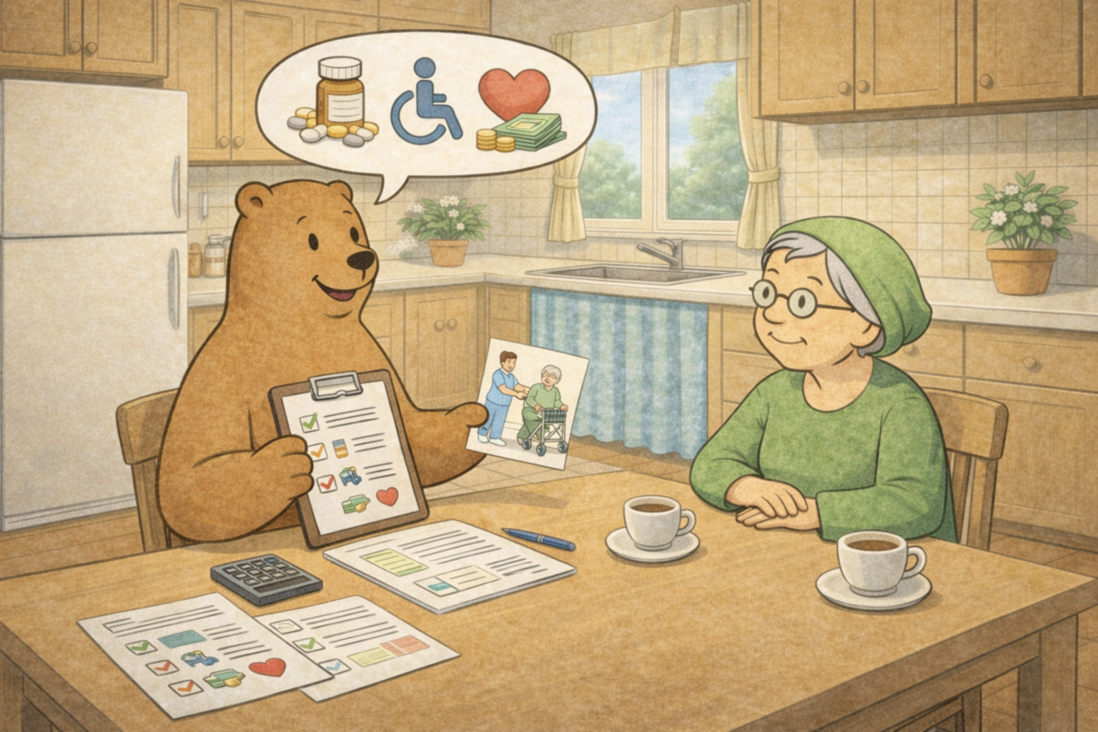 Bär und Seniorin sitzen am Küchentisch. Bär führt Pflegeberatung durch.