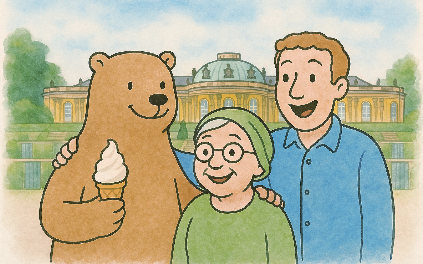 Bär, Seniorin und Mann stehen in Potsdam vor Schloss Sans Souci