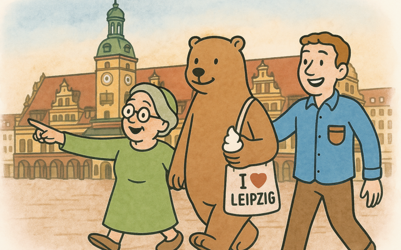 Bär, Seniorin und Mann laufen in Leipzig durch die Stadt