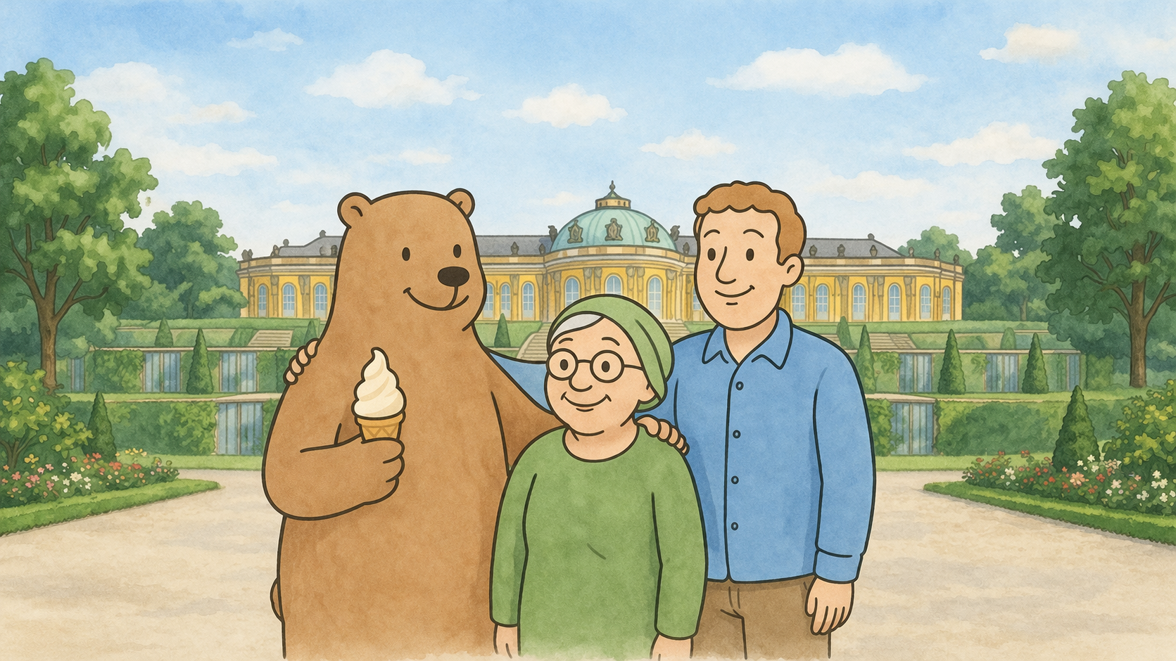Bär, Seniorin und Mann stehen in Potsdam vor Schloss Sans Souci