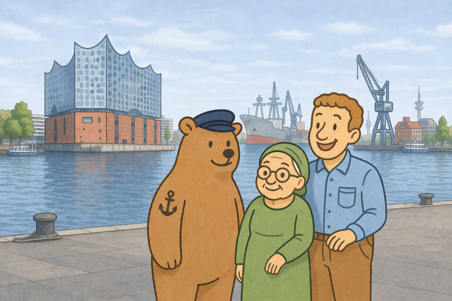 Bär, Seniorin und Mann stehen in Hamburg vor dem Hafen