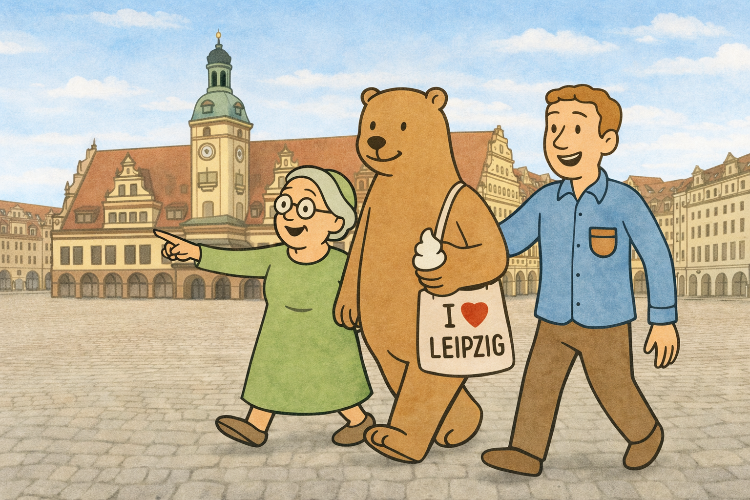 Bär, Seniorin und Mann laufen in Leipzig durch die Stadt
