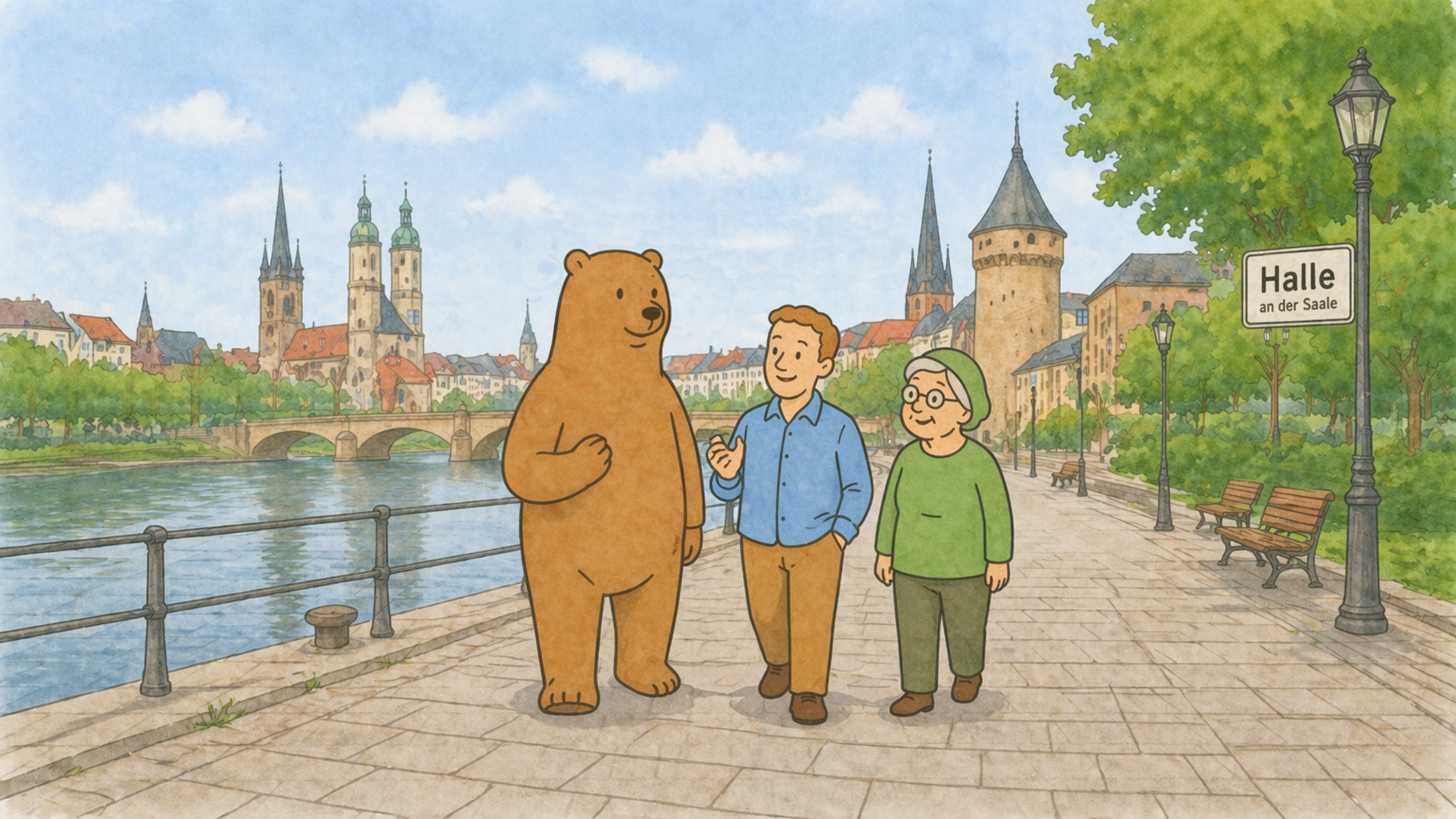 Bär, Seniorin und Mann laufen in Halle am Wasser entlang
