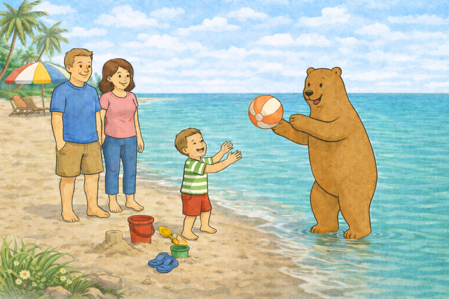 Bär und Junge spielen mit einem Ball im Meer. Die Eltern sehen entspannt zu.