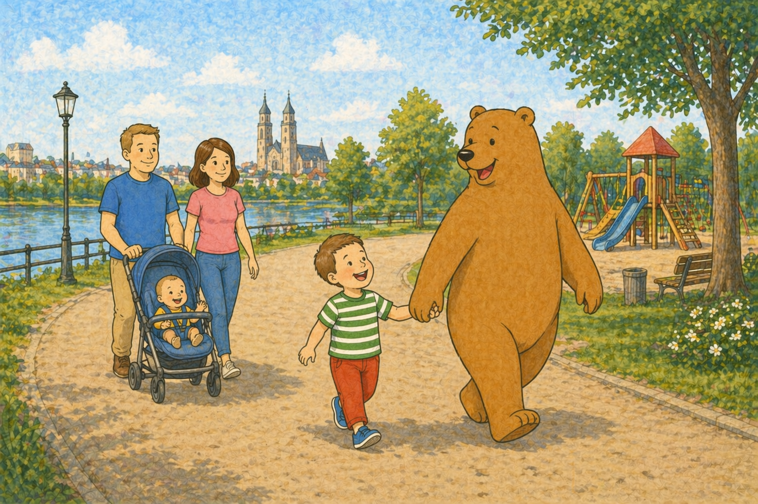 Bär und Familie spatzieren. Bär hält die Hand vom Kind, sie waren eben auf einem Spielplatz.
